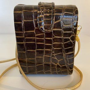 Brown & Gold Croc Embossed Small Camera Style Bag